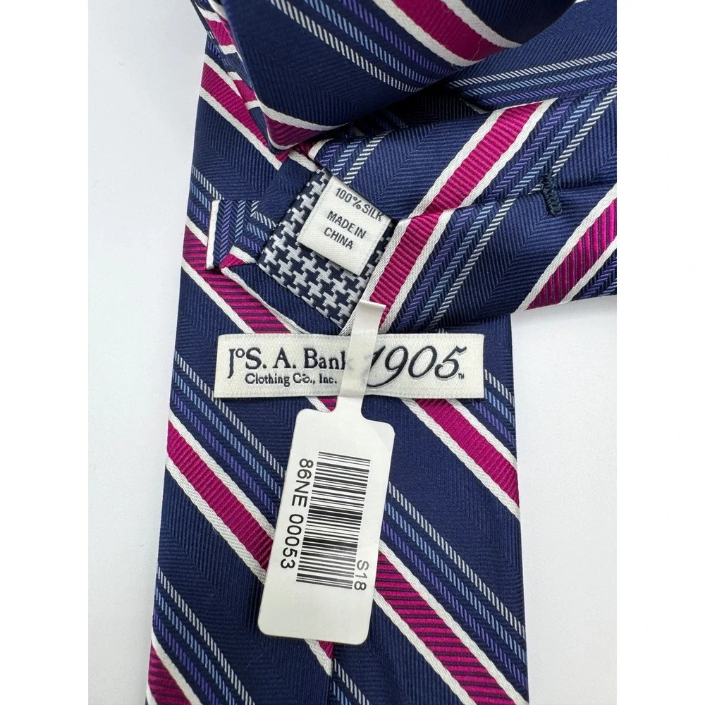 Jos A Bank 1905 Silk Striped Necktie Business Casual Navy Blue‎ Pink White - Picture 3 of 5
